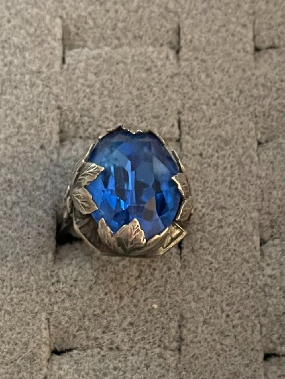 Vintage Silver Ring Signed Blue Glass ? Statement Size 7 Retro Cocktail Ring - Picture 1 of 15